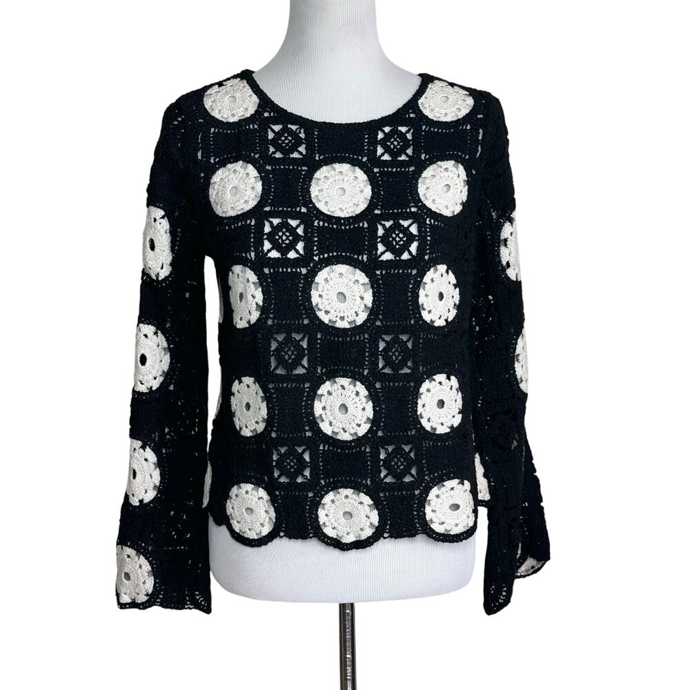 Ultra Pink Black and White Crochet Cotton Top Sz S NWT